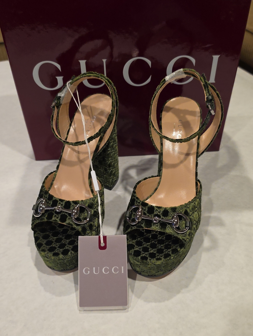 Gucci Green Velvet Platform Sandals with Horsebit Detail